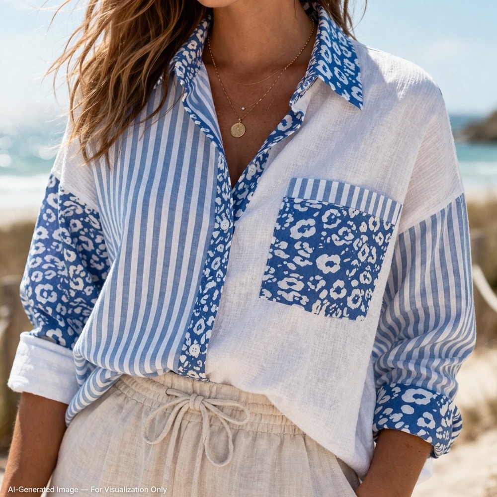 BiBi Womens Blue White Mixed Media Striped Animal Print Button Up Shirt Med Cost